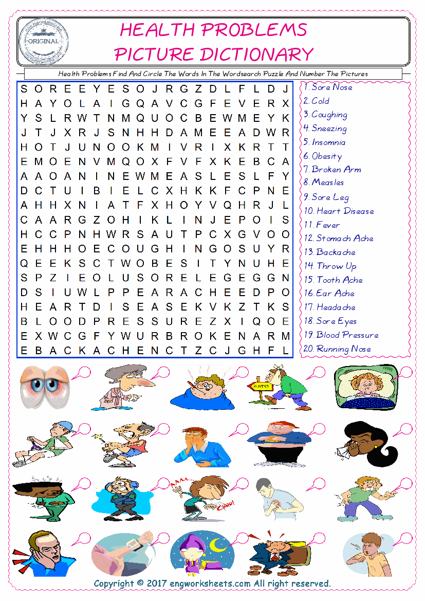  ESL wordsearch worksheets for kids, find Health Problems words in the word wordsearch write its number on its picture English worksheet. 